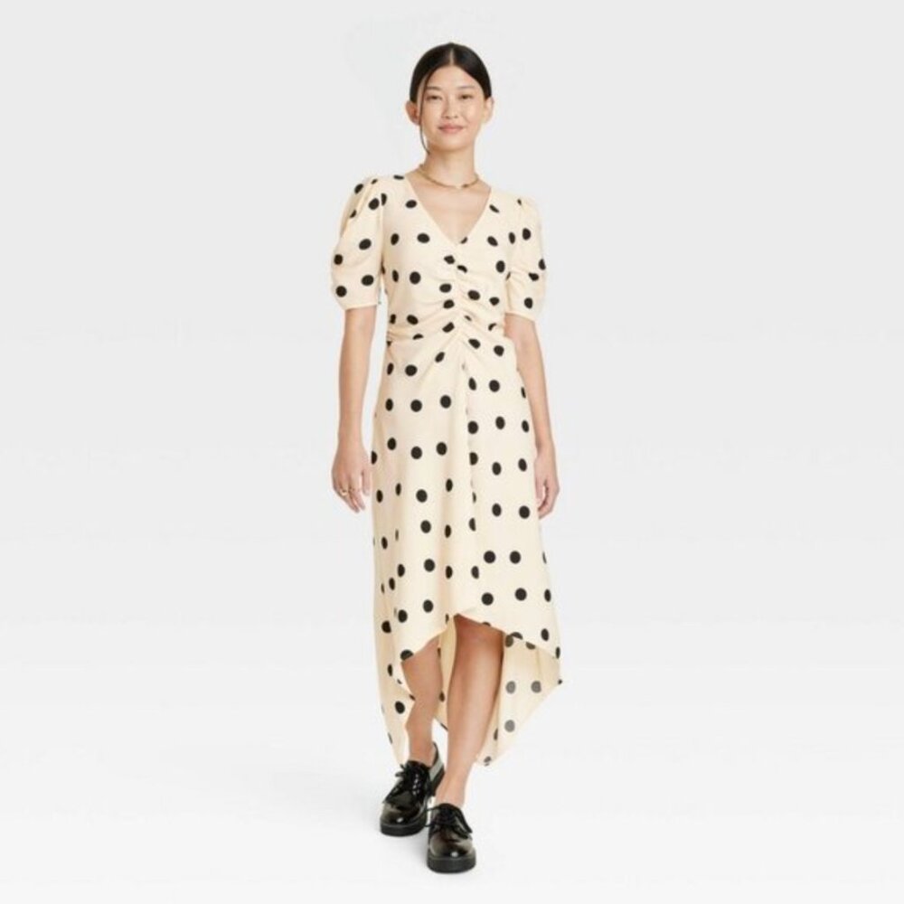 Vintage-Style Crepe Short Sleeve Midi‎ Dress, Beige Polka Dot - A New Day NWT